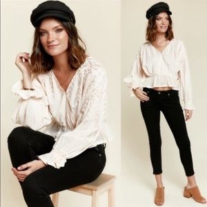Free People Cream & Gold Metallic Peasant Poet Surplice Blouse Top